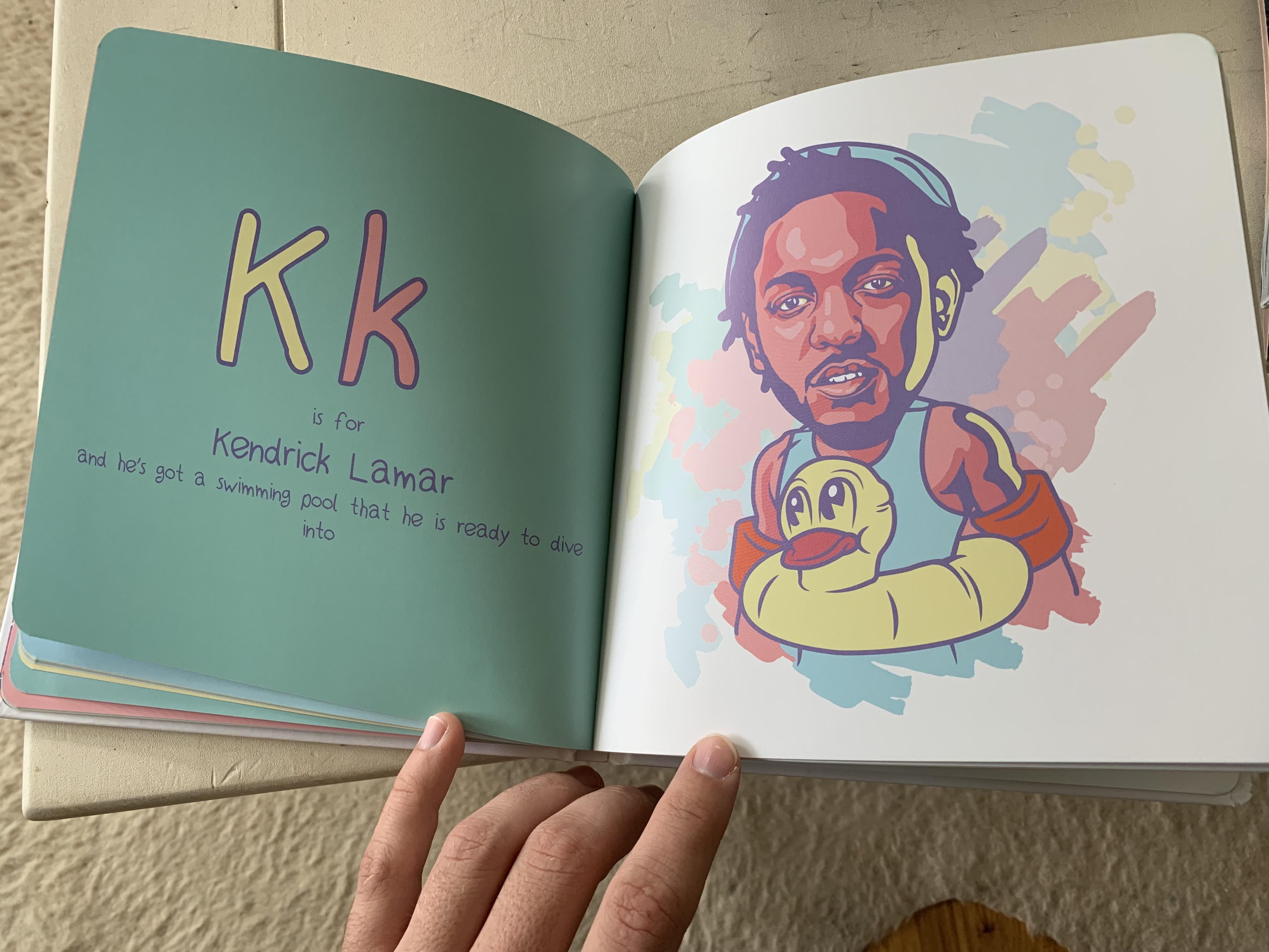Illustrations of Kendrick Lamar and other hip hop artists are featured in the pages for the children's book, 'AB to Jay-Z' height=