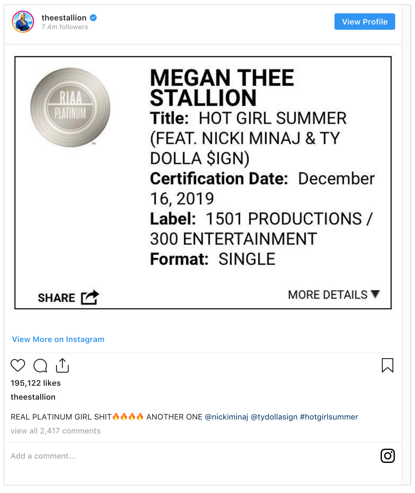 Megan Thee Stallions, Hot Girl Summer goes platinum