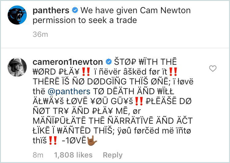 Cam Newton, Panthers trade Twitter post