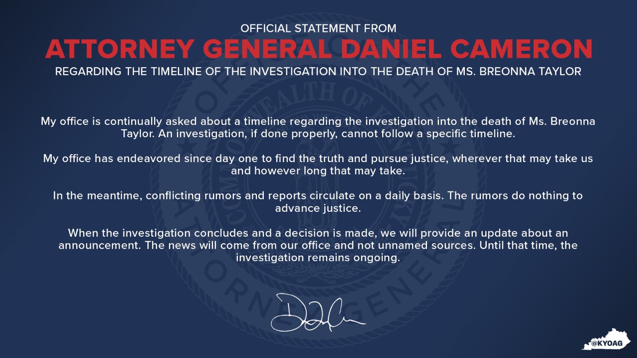 Kentucky Attorney General Daniel Cameron statement on investigation